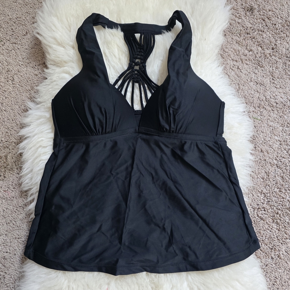 Tahiti Macrame Racerback Black Lined Tankini Top Boho Size Med BS112